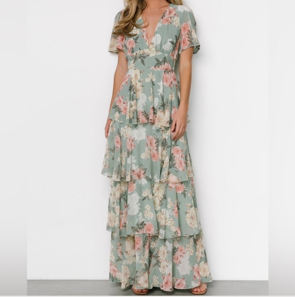 Baltic Born Sage Floral Tiered Maxi Dress with Pink & Cream Blooms